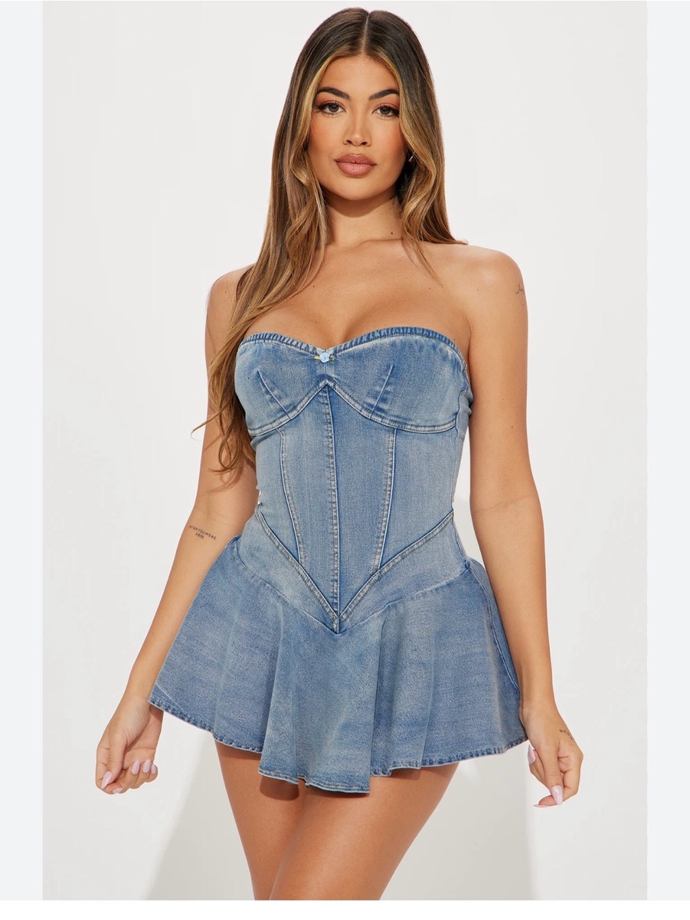edge Light Blue Denim Strapless Mini Dress